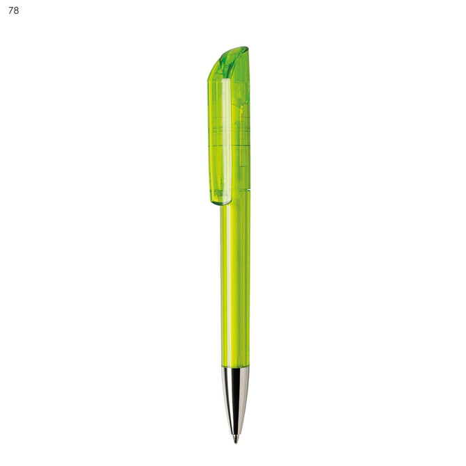 A bright green plastic pen with a transparent cap and a silver tip. Features a branding logo.