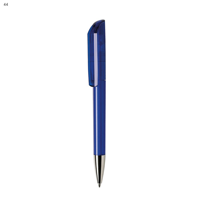 A plastic pen in a vibrant blue colour with a silver nib and a transparent cap. The pen features a logo.