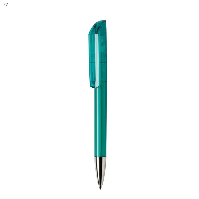 A plastic pen in a vibrant teal colour with a transparent cap and a silver nib, featuring a logo.