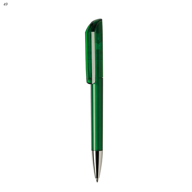 A green plastic pen with a shiny silver tip and a transparent cap. It also features a logo.