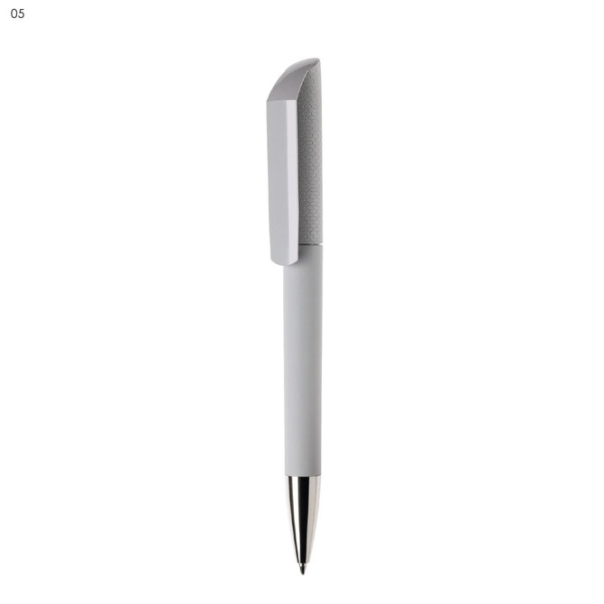 A plastic pen in light grey with a smooth body and a textured cap, featuring a silver tip and a logo.