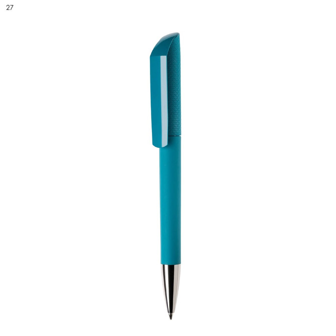 A teal plastic pen with a textured grip and a shiny silver tip, featuring a brand logo.