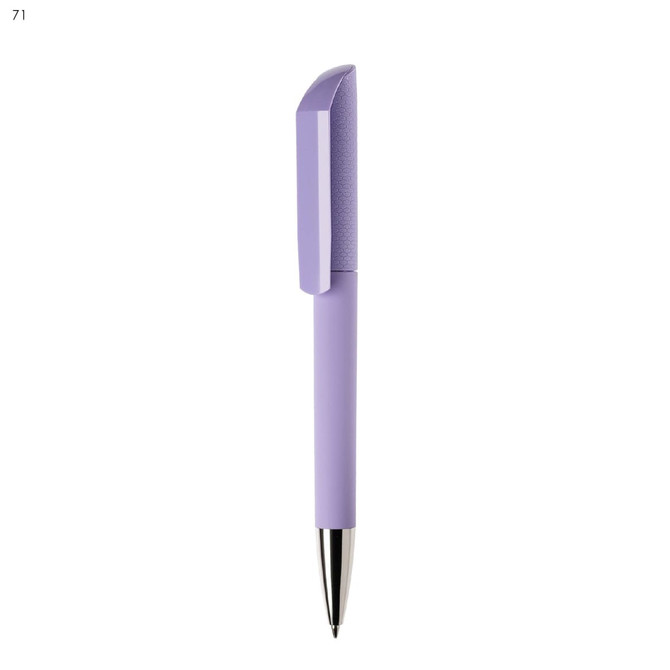 A plastic pen in a soft lavender colour with a textured grip and shiny metal tip, featuring a logo.
