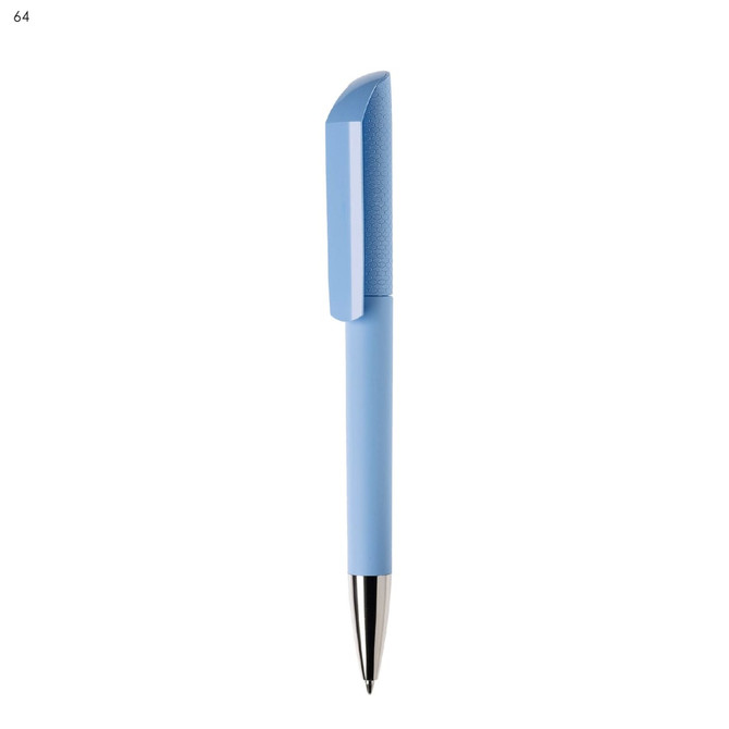 A blue plastic pen with a textured grip and shiny silver tip, featuring a branding logo.
