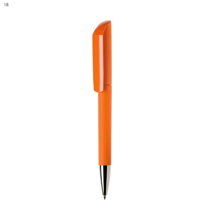 An orange plastic pen with a textured grip and a shiny silver tip, featuring a logo on the barrel.