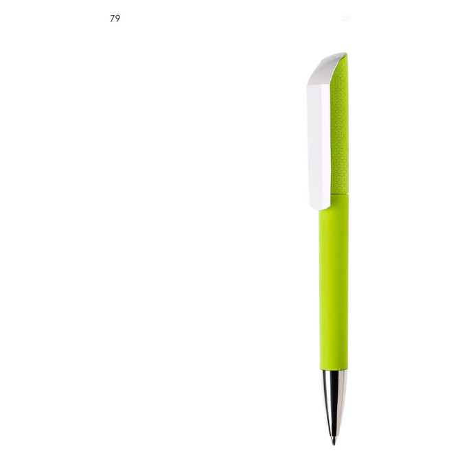 A plastic pen featuring a bright green barrel and a white clip, with a silver tip and branding.