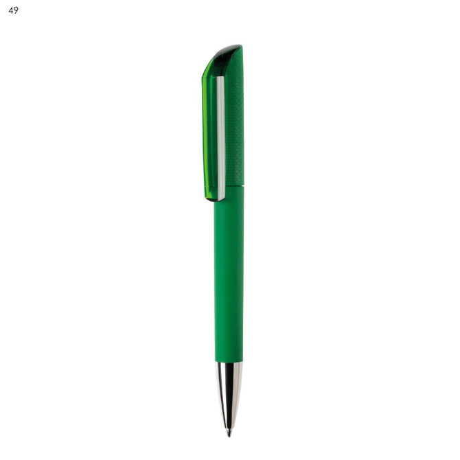 A green plastic pen featuring a sleek design and a clip. The pen has a shiny silver tip and a branding logo.