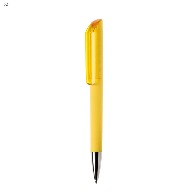A yellow plastic pen with a transparent orange cap and a silver tip, featuring a logo.