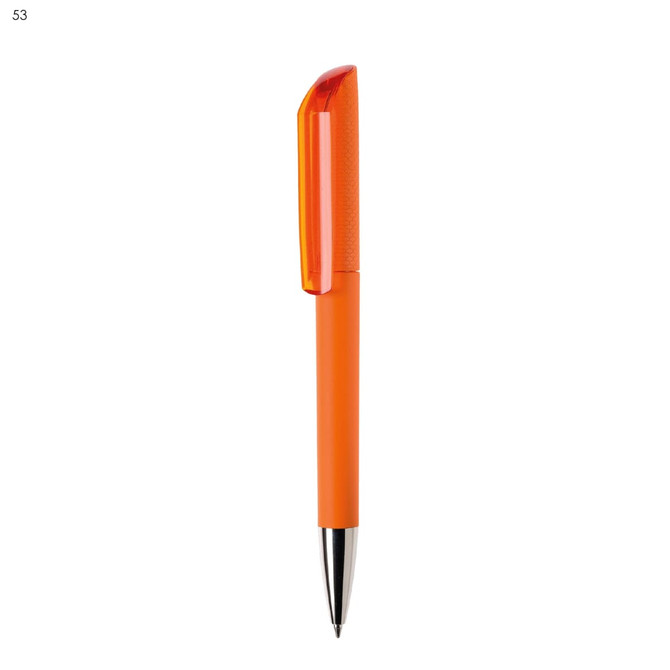An orange plastic pen with a glossy finish and a contrasting cap, featuring a branding logo.