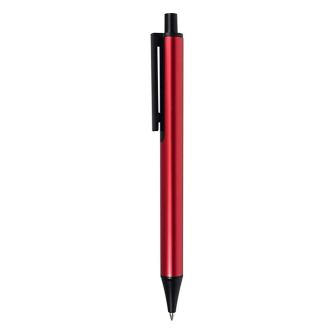 A metal pen in vibrant red with a black clip, featuring a sleek and modern design.