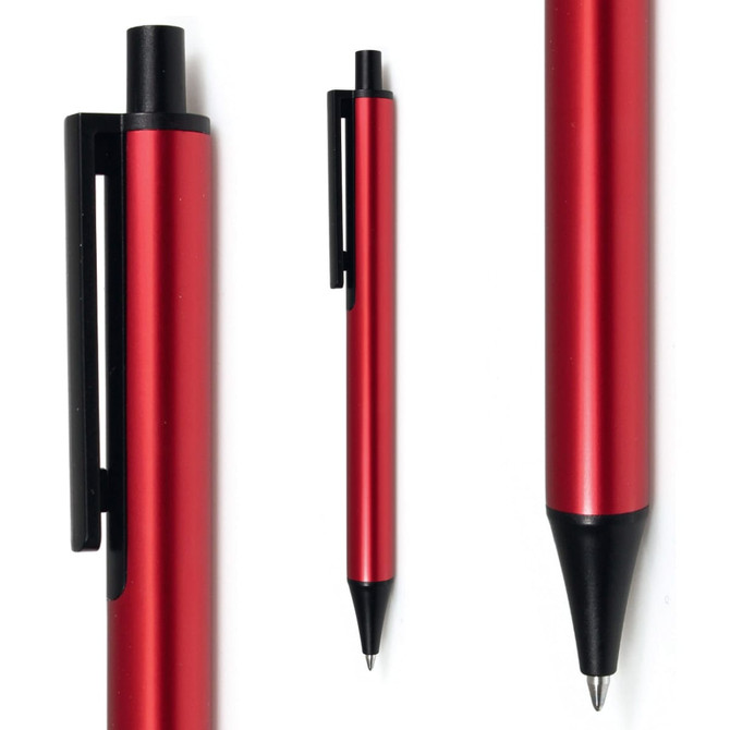 A red metal pen with a black clip and tip, featuring a sleek design and a simple logo.