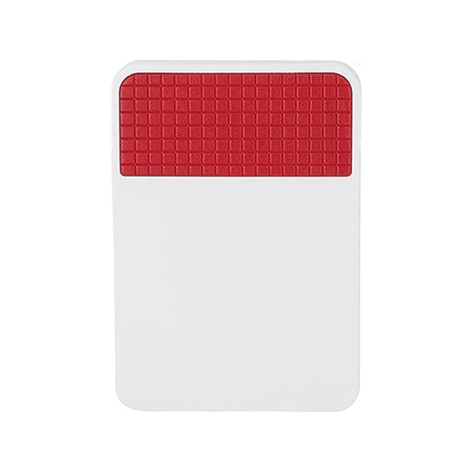 A rectangular fridge magnet clip with a textured red top and a white base, featuring a logo.