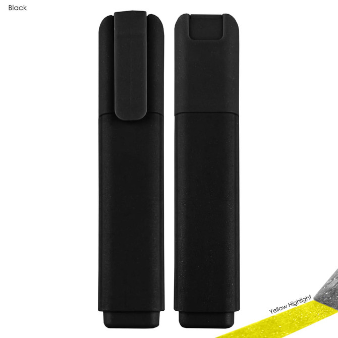 A black highlighter with a sleek design, featuring a clip and a vibrant yellow highlighting tip.