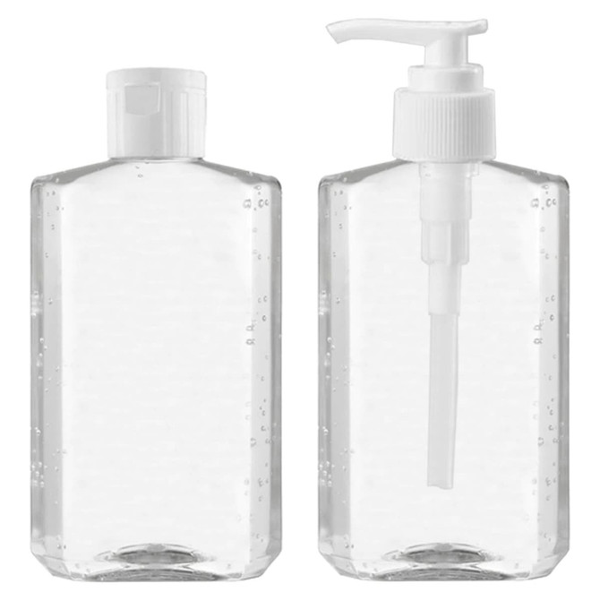 A clear bottle of hand sanitiser gel with a white pump dispenser, containing 75% alcohol.