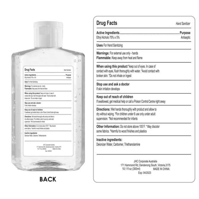 A clear bottle of hand sanitiser gel with a pump, containing 300ml of 75% alcohol. Features a logo.