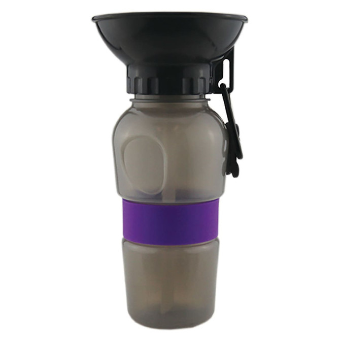 A drink bottle featuring a black funnel top, grey body, and a purple silicone band with a logo.