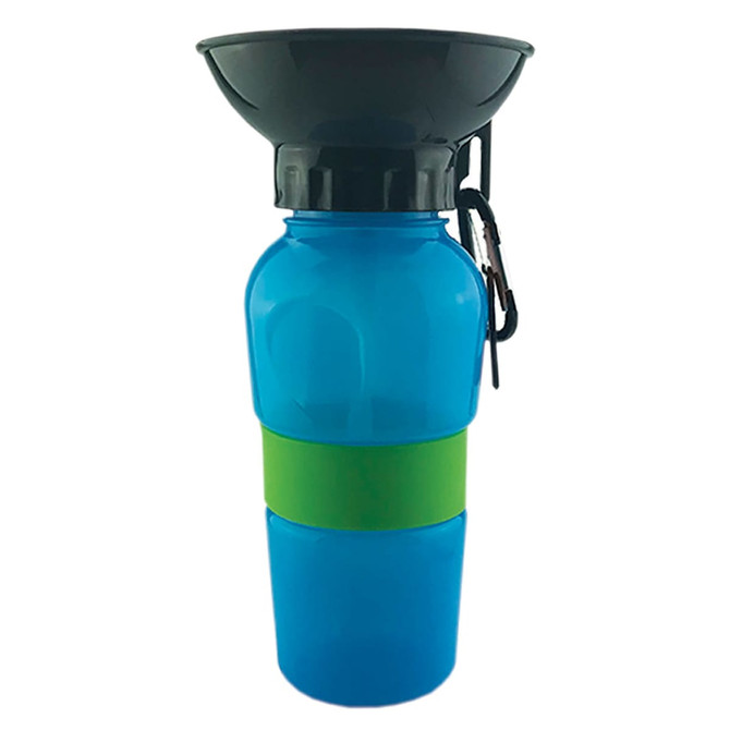 A drink bottle featuring a blue body with a green silicone band and a black cap that doubles as a bowl.