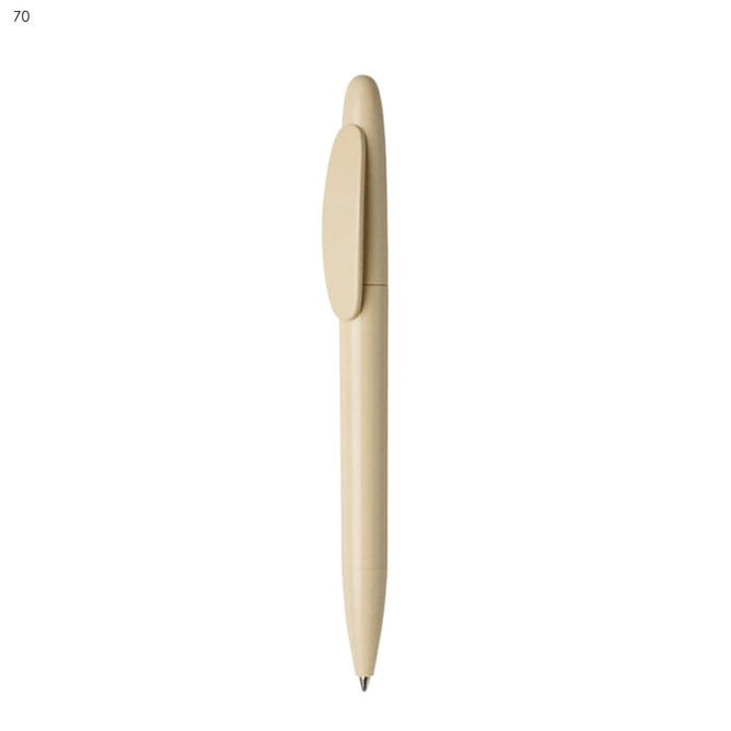 A beige plastic pen with a smooth design and a clip, featuring a logo on the body.