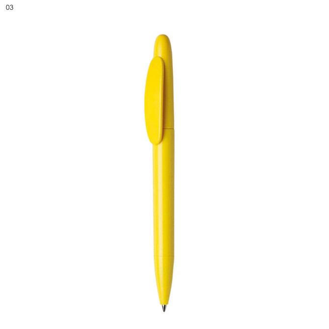 A yellow plastic pen with a clip, featuring a simple, streamlined design and branding.