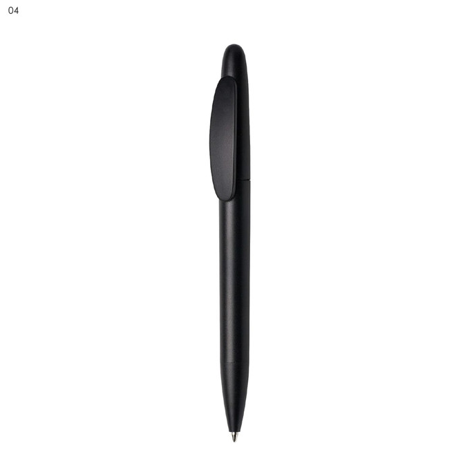 A black plastic pen featuring a clip and a sleek design, with a logo on the barrel.
