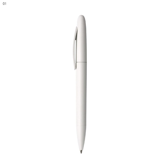 A white plastic pen with a sleek design and a clip, featuring a logo on the body.