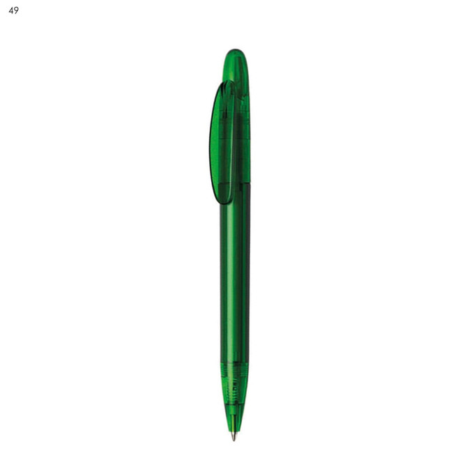A green plastic pen with a transparent barrel and a pocket clip. The pen features a logo branded on its surface.