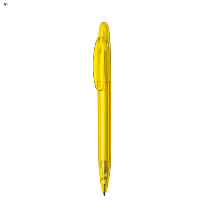 A bright yellow plastic pen with a transparent barrel and a clip. It features a logo on the surface.