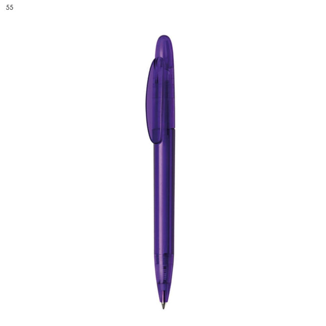 A purple plastic pen with a click mechanism and a shaped grip. It features a logo on the barrel.