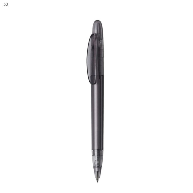 A black plastic pen with a clear cap and a smooth barrel. It features branding on the side.