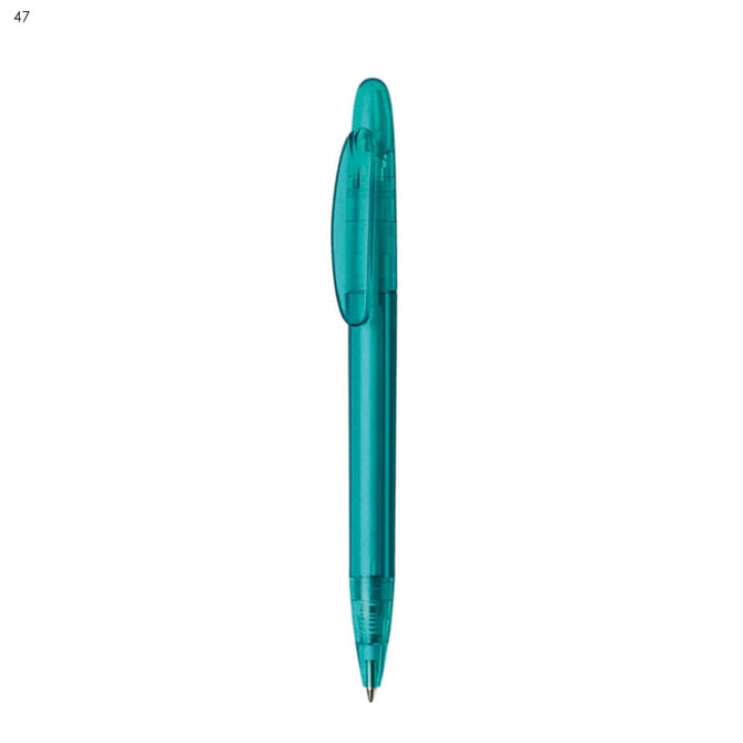 A turquoise plastic pen with a clear barrel and a retractable tip, featuring a clip and a branding logo.