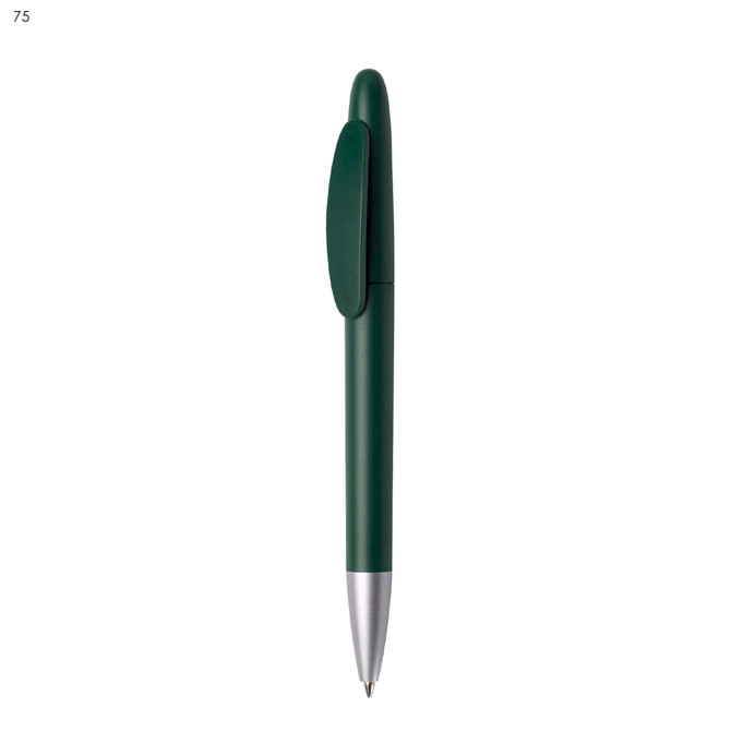 A plastic pen in matte green with a silver tip and a clip. It features a logo on the body.