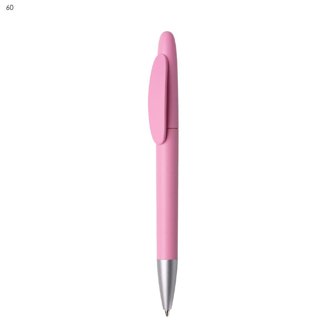 A pink plastic pen with a silver tip and a clip, featuring a smooth matte finish and a branding logo.