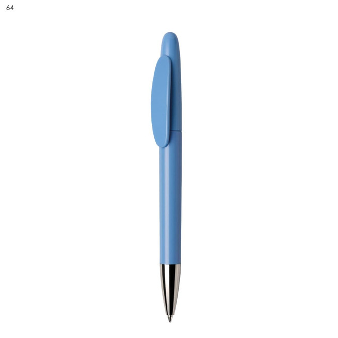 A blue plastic pen with a sleek design and a clip. It features a shiny silver tip and has a logo.