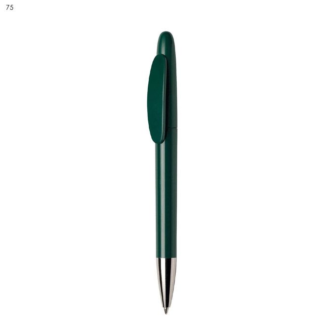 A green plastic pen with a silver tip and a clip on the barrel, featuring a logo.