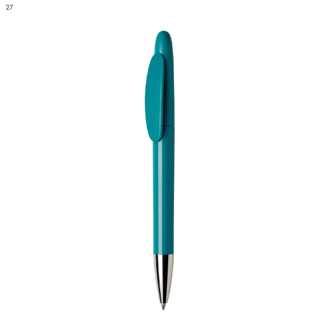 A turquoise plastic pen with a metallic silver tip and a clip. It features a logo on the barrel.
