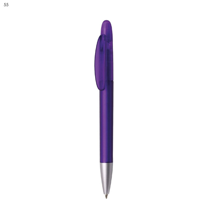 A purple plastic pen with a silver tip and a clip, featuring a branding logo.