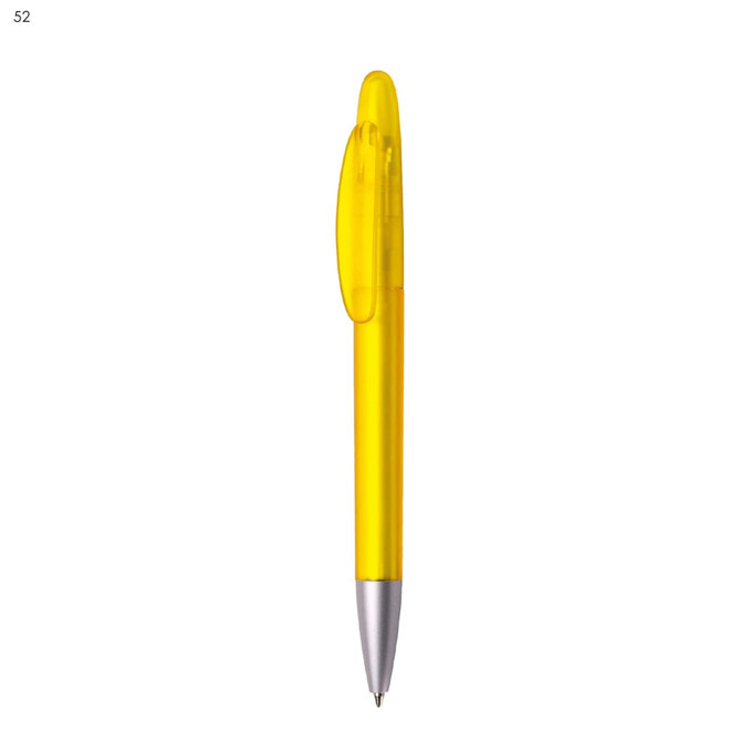 A yellow plastic pen with a transparent body and a silver tip. It features a clip and a simple design.