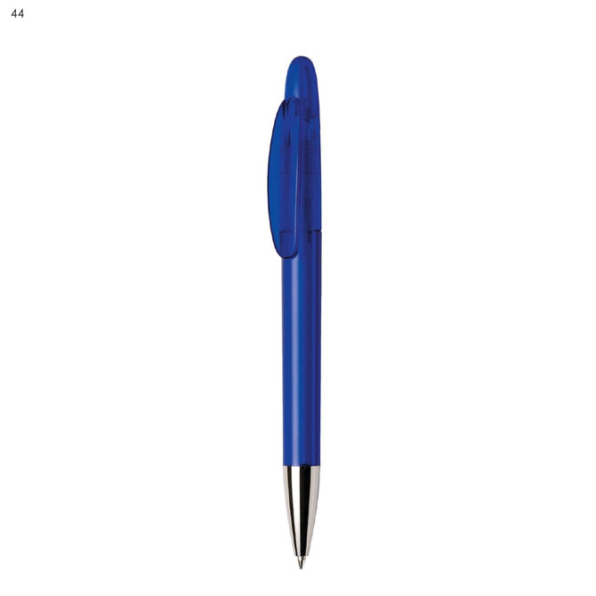 A blue plastic pen with a transparent cap and silver nib, featuring a logo on the body.