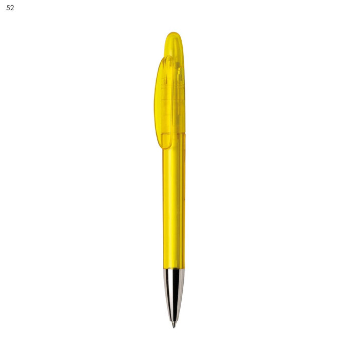 A yellow plastic pen with a clear barrel and silver tip, featuring a logo.