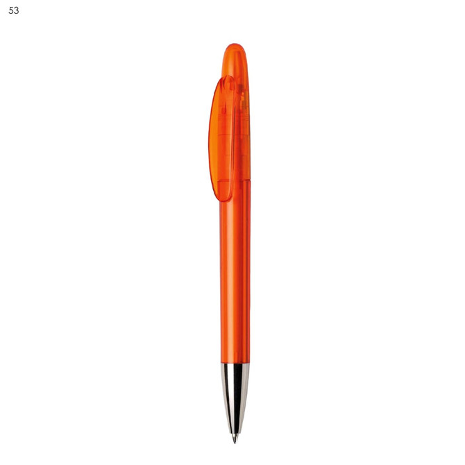 An orange plastic pen with a clear body and a silver metal tip, featuring a clip and logo.