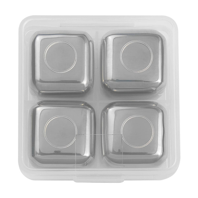 A set of four silver whiskey ice cubes in a clear plastic storage box. Each cube is square-shaped with rounded edges.