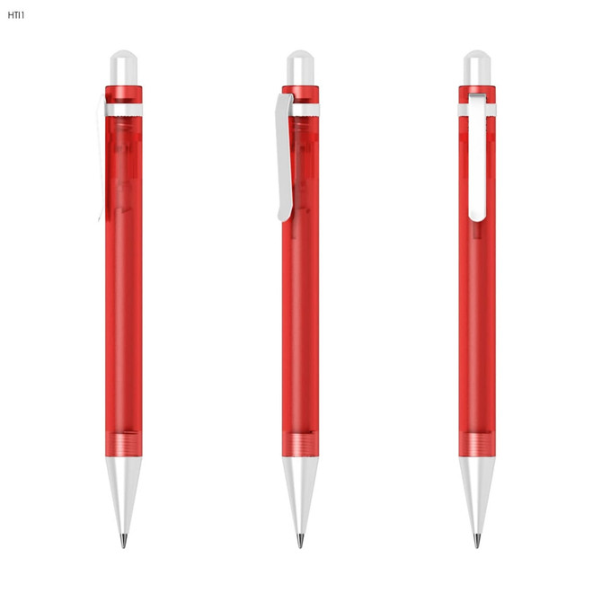 A set of three red plastic pens with silver details and a clip, featuring a transparent barrel.