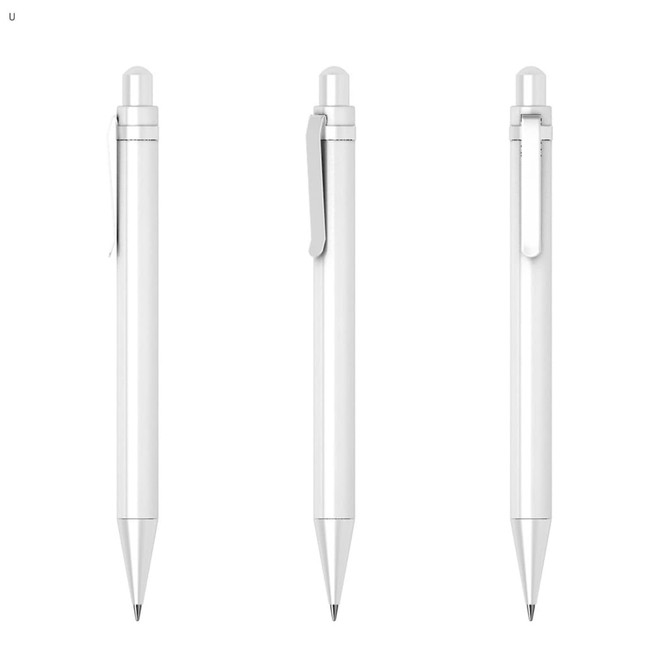 A white plastic pen with a glossy finish, featuring a clip and a pointed tip. The pen is displayed from three angles.