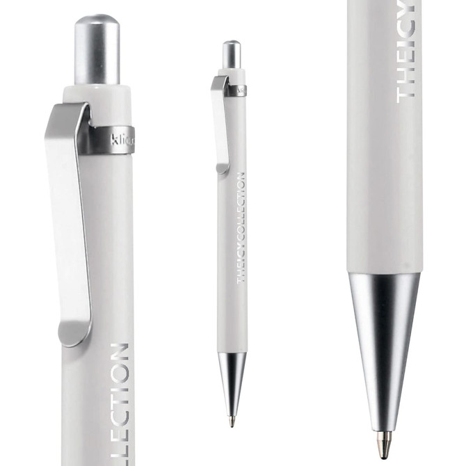 A white plastic pen with a silver clip and tip, featuring branding on the side.
