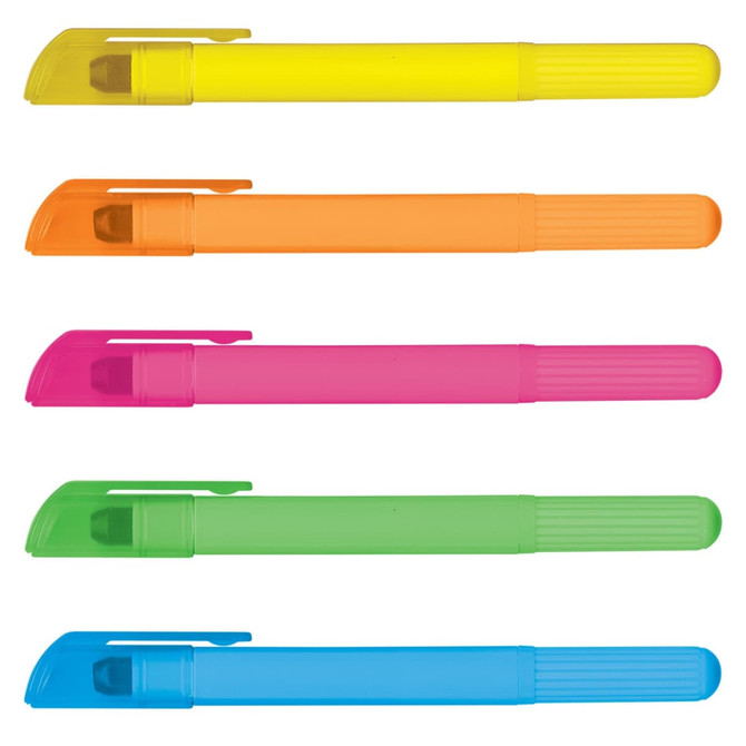 Five wax highlighters in yellow, orange, pink, green, and blue, featuring caps for each colour. Each has a textured grip and a logo.