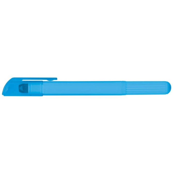 A blue wax highlighter with a cap and a textured grip.