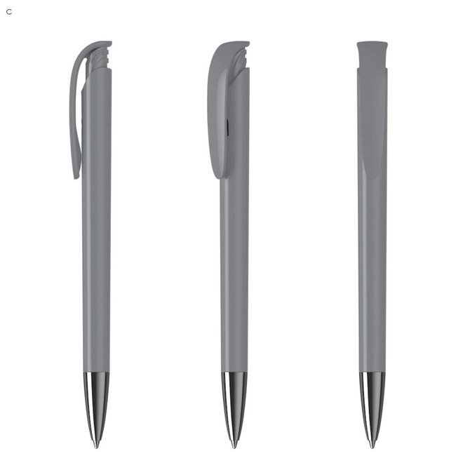 A grey plastic pen featuring a sleek design and a clip, displayed from multiple angles. It has a branding logo.