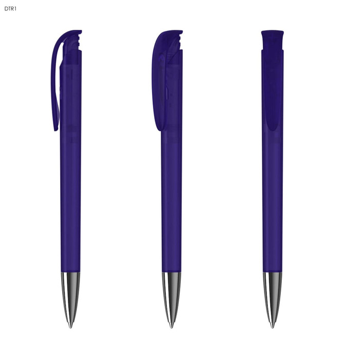 A transparent purple plastic pen with a silver tip, featuring a clip and a branding logo.