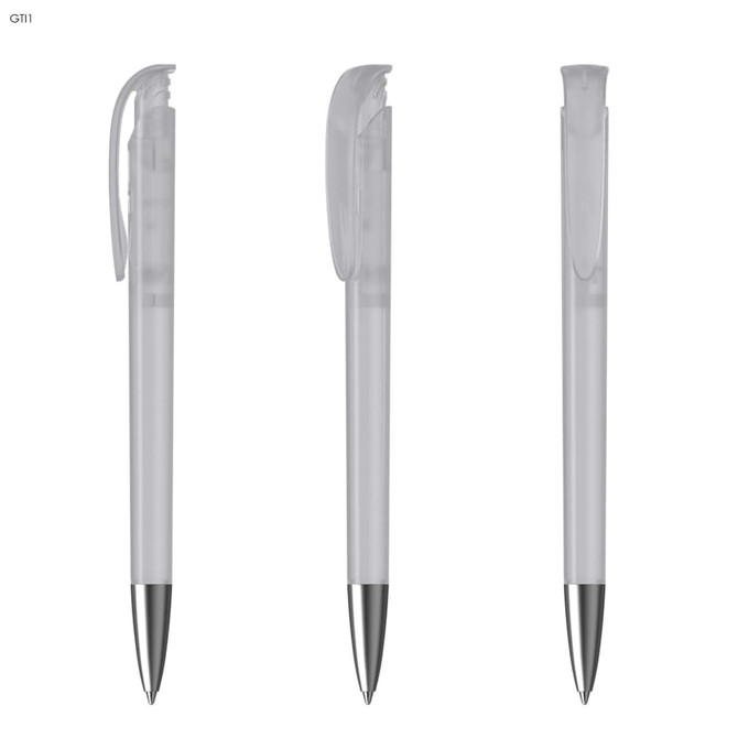 A set of transparent plastic pens with silver accents, featuring a clip on each pen.