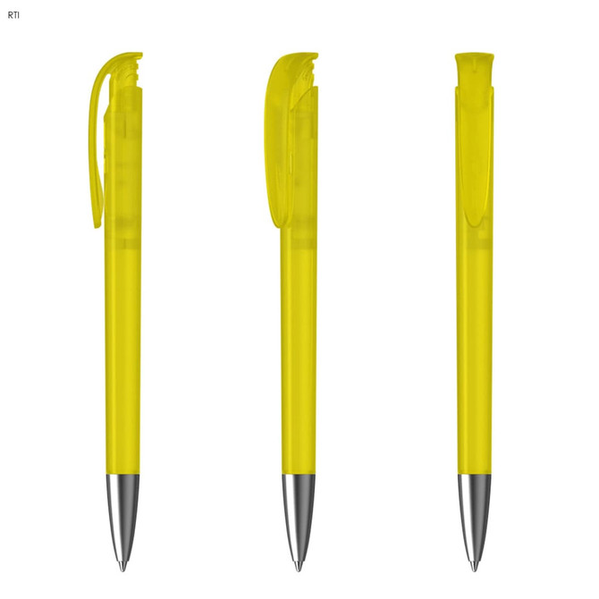 A set of three yellow plastic pens, featuring a silver clip and tip, showcasing a sleek design.